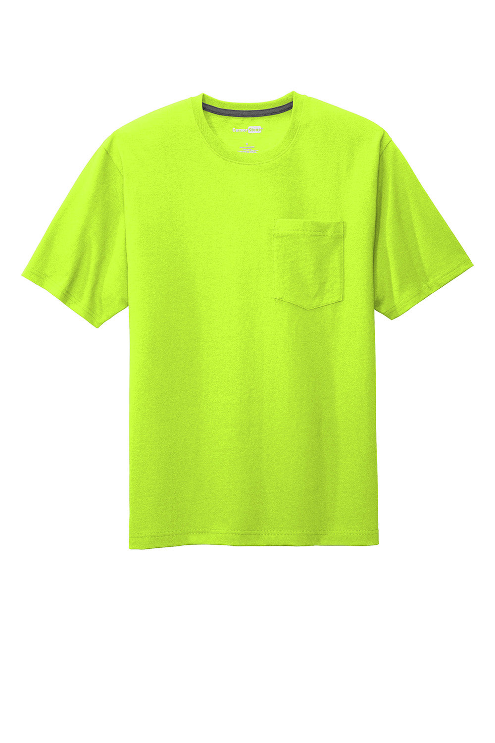 CornerStone CS430 Mens Short Sleeve Crewneck T-Shirt w/ Pocket Safety Green Flat Front