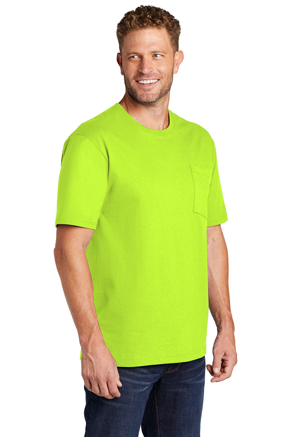 CornerStone CS430 Mens Short Sleeve Crewneck T-Shirt w/ Pocket Safety Green Model 3q