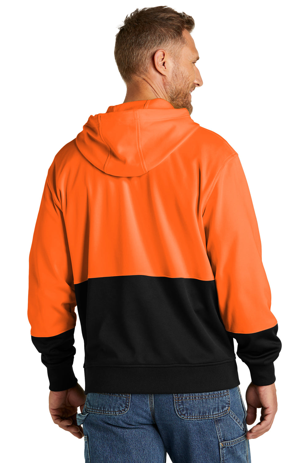 CornerStone CSF01 Mens Enhanced Visibility Moisture Wicking Fleece Hooded Sweatshirt Hoodie Safety Orange Model Back