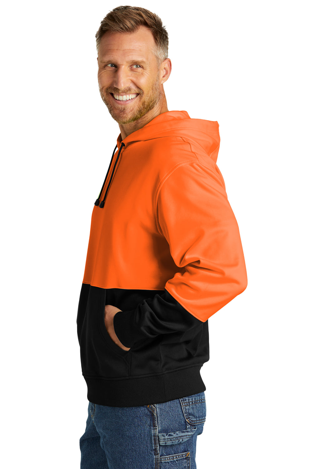 CornerStone CSF01 Mens Enhanced Visibility Moisture Wicking Fleece Hooded Sweatshirt Hoodie Safety Orange Model Side