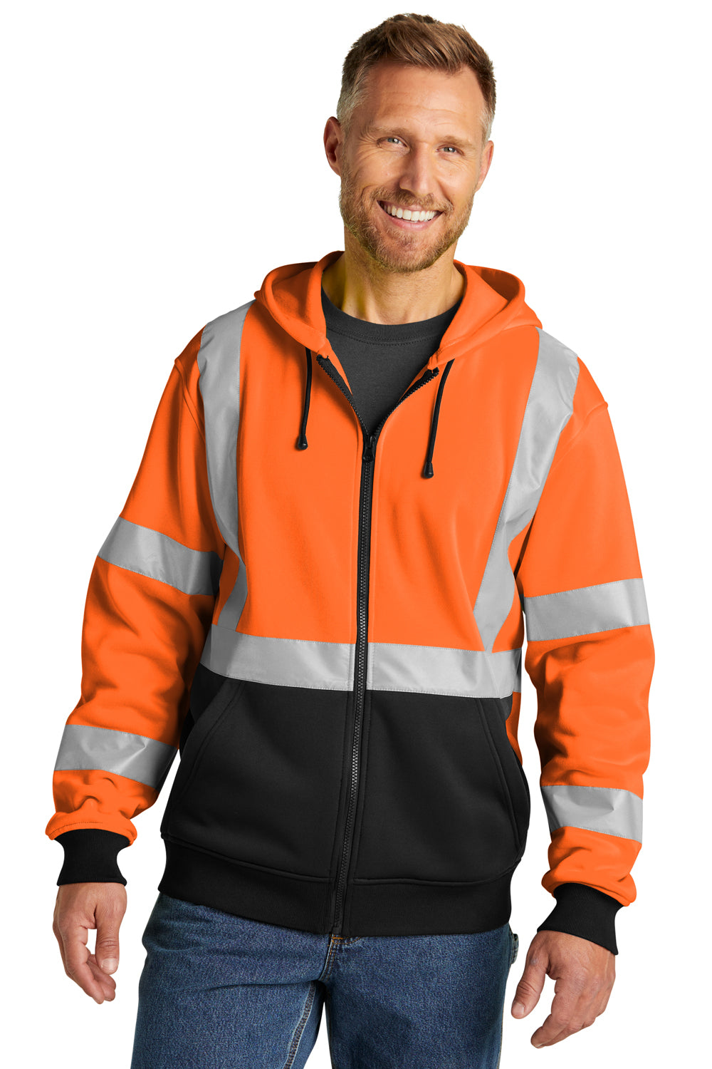 CornerStone CSF300 Mens Enhanced Visibility Fleece Full Zip Hooded Sweatshirt Hoodie Safety Orange Model Front