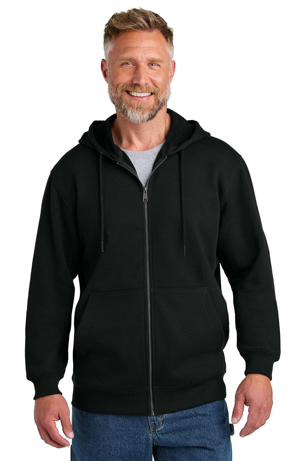 CornerStone CSF631 Mens Tough Fleece Full Zip Hooded Sweatshirt Hoodie Black Model Front