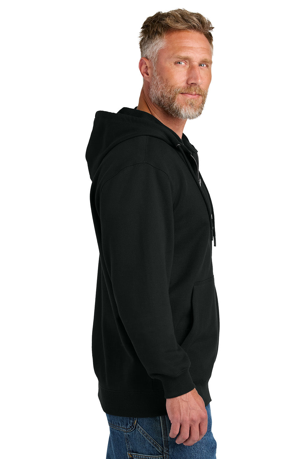 CornerStone CSF631 Mens Tough Fleece Full Zip Hooded Sweatshirt Hoodie Black Model Side