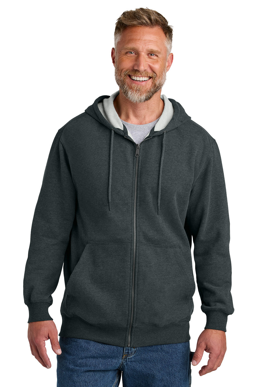 CornerStone CSF631 Mens Tough Fleece Full Zip Hooded Sweatshirt Hoodie Heather Charcoal Grey Model Front