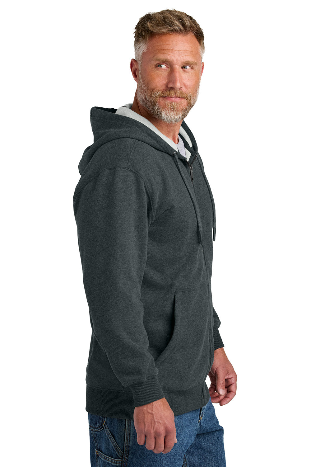 CornerStone CSF631 Mens Tough Fleece Full Zip Hooded Sweatshirt Hoodie Heather Charcoal Grey Model Side