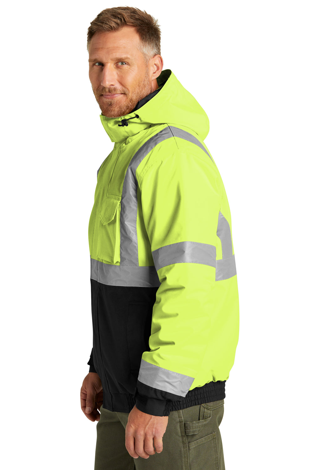 CornerStone CSJ500 Mens Enhanced Visibility Waterproof Full Zip Hooded Jacket Safety Yellow Model Side