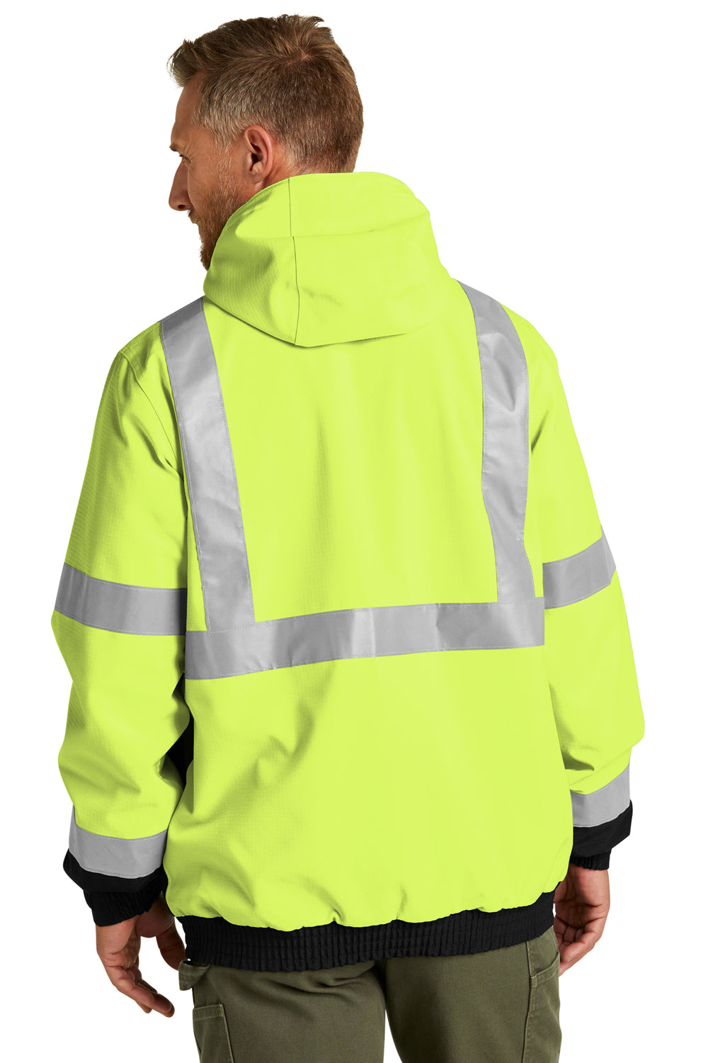 CornerStone CSJ501 Mens Enhanced Visibility Waterproof Ripstop Full Zip Hooded Jacket Safety Yellow Model Back