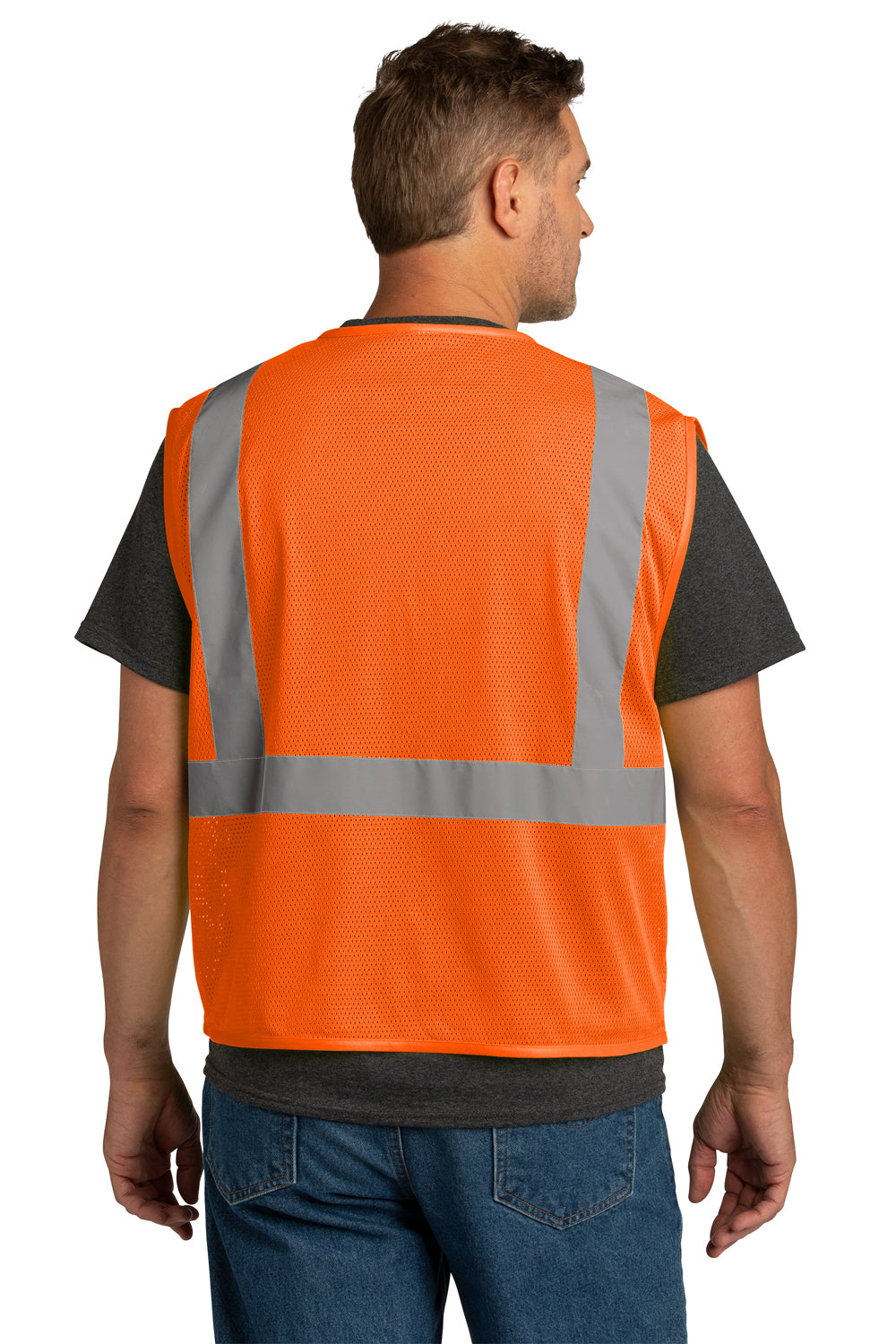 CornerStone CSV101 Mens ANSI 107 Class 2 Mesh Zipper Vest Safety Orange Model Back