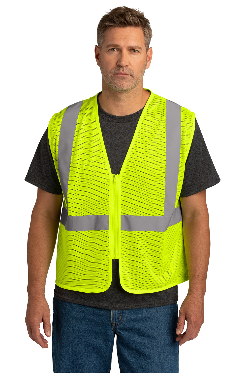 CornerStone CSV101 Mens ANSI 107 Class 2 Mesh Zipper Vest Safety Yellow Model Front