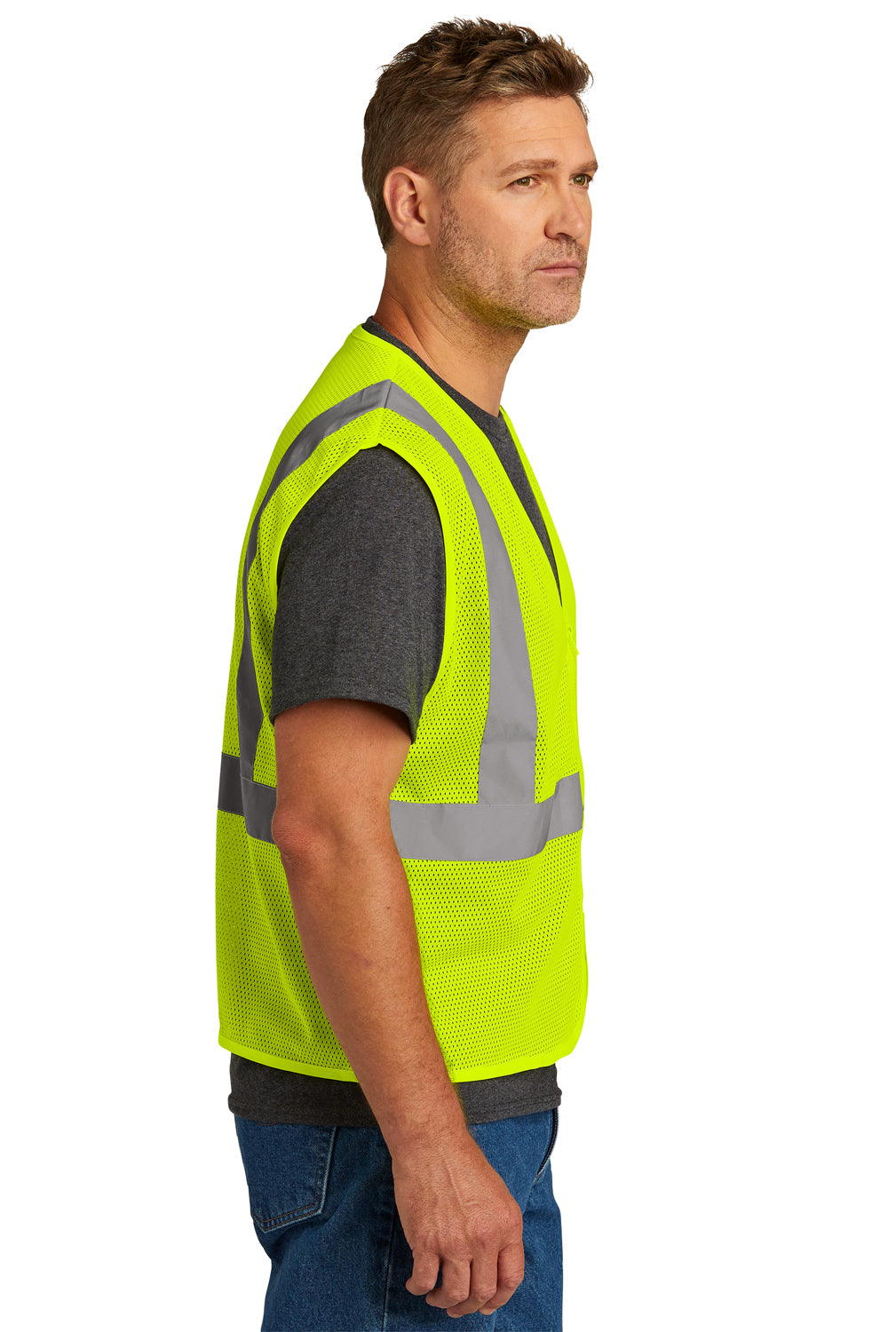 CornerStone CSV101 Mens ANSI 107 Class 2 Mesh Zipper Vest Safety Yellow Model Side