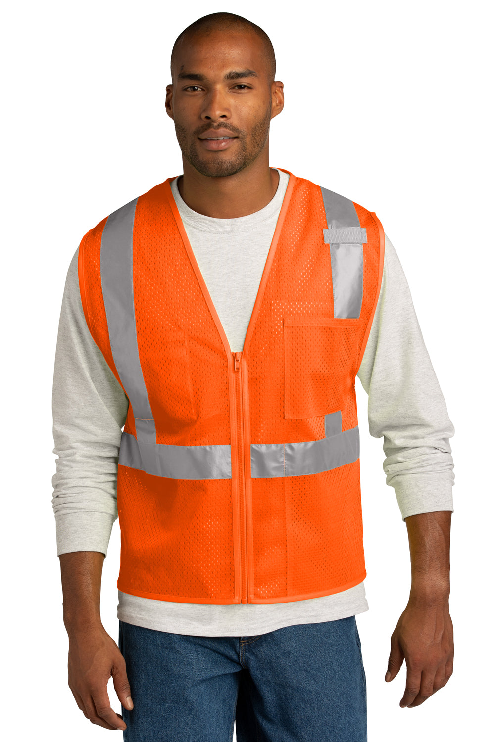 CornerStone CSV102 Mens ANSI 107 Class 2 Mesh Zipper Vest Safety Orange Model Front