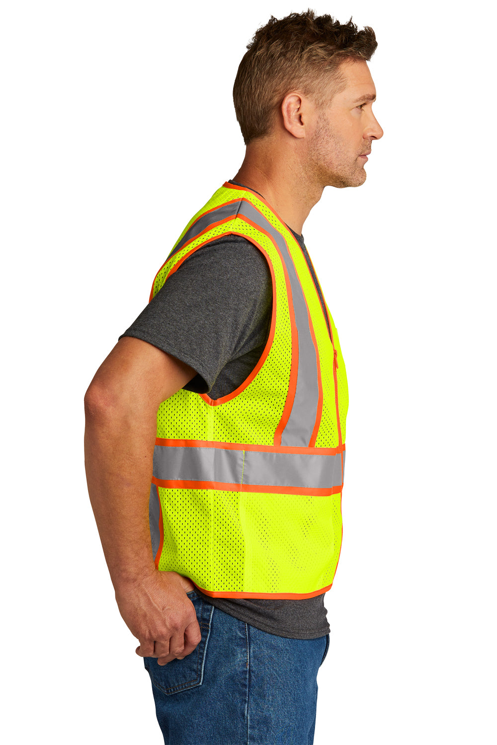 CornerStone CSV103 Mens ANSI 107 Class 2 Mesh Zipper Vest Safety Yellow Model Side