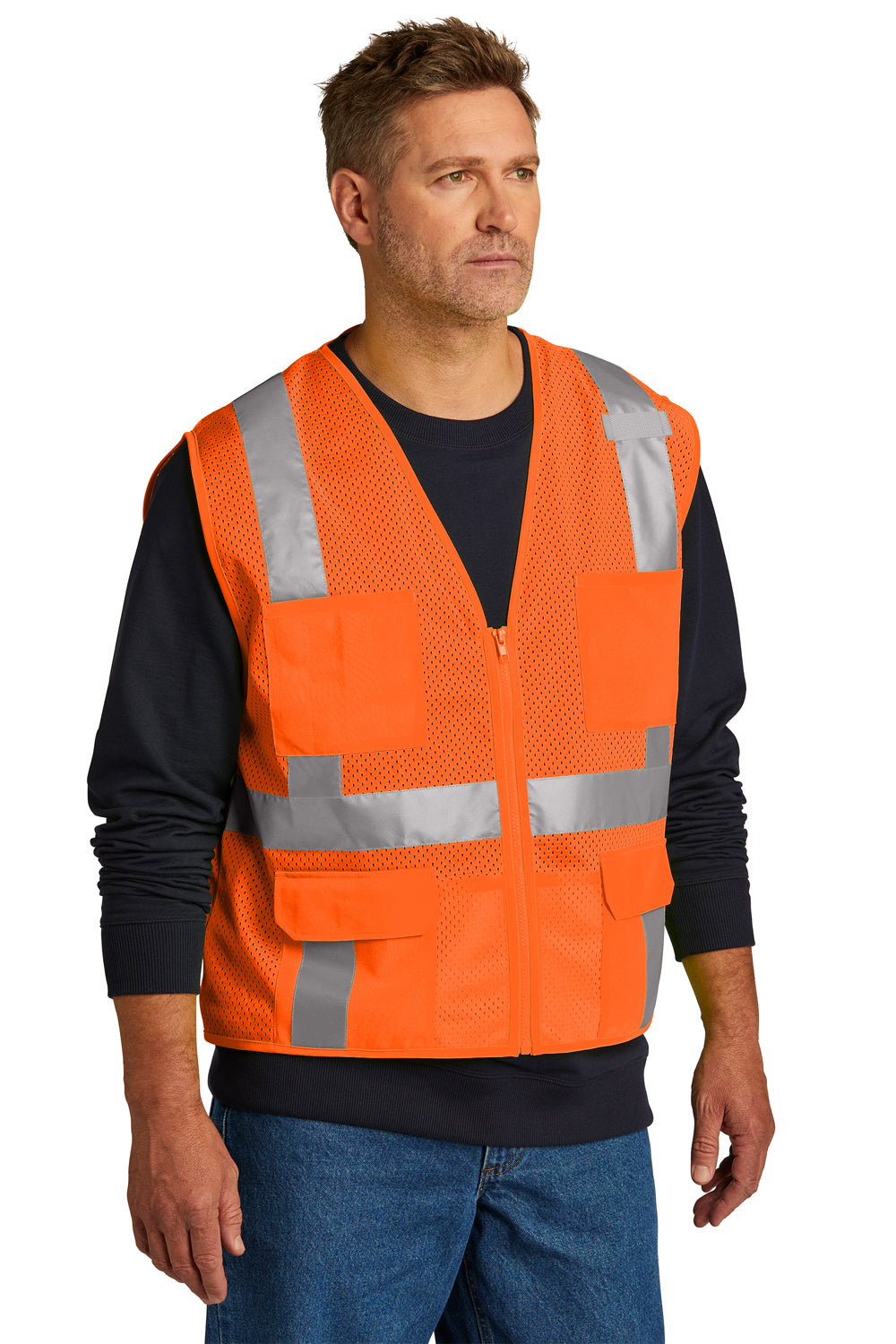 CornerStone CSV104 Mens ANSI 107 Class 2 Mesh Zipper Vest w/ Pocket Safety Orange Model 3q