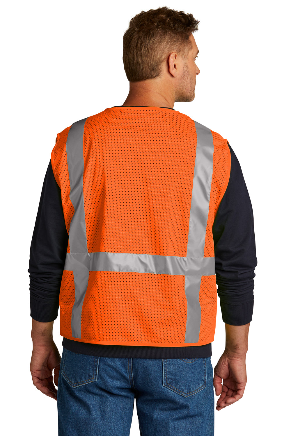 CornerStone CSV104 Mens ANSI 107 Class 2 Mesh Zipper Vest w/ Pocket Safety Orange Model Back