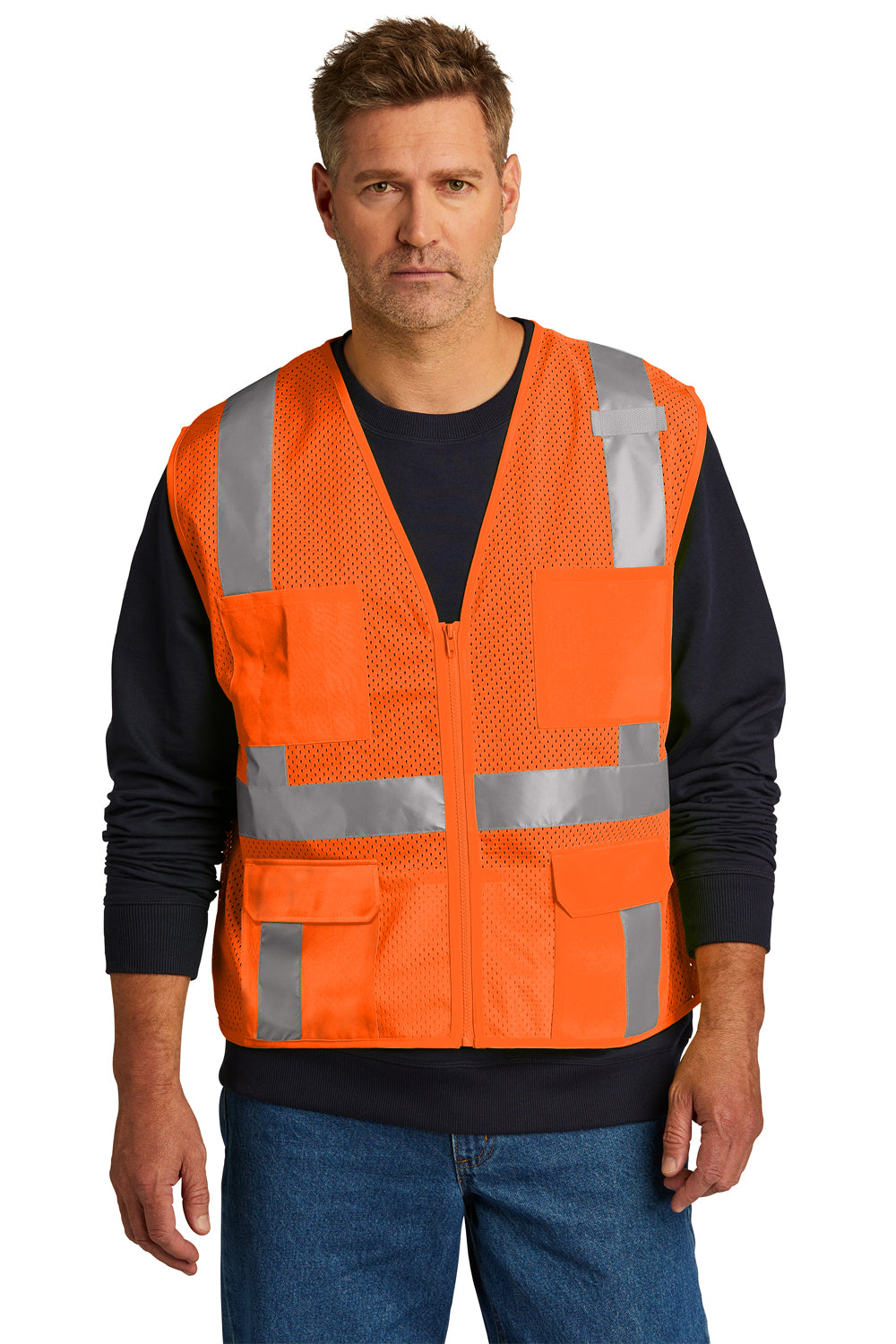 CornerStone CSV104 Mens ANSI 107 Class 2 Mesh Zipper Vest w/ Pocket Safety Orange Model Front