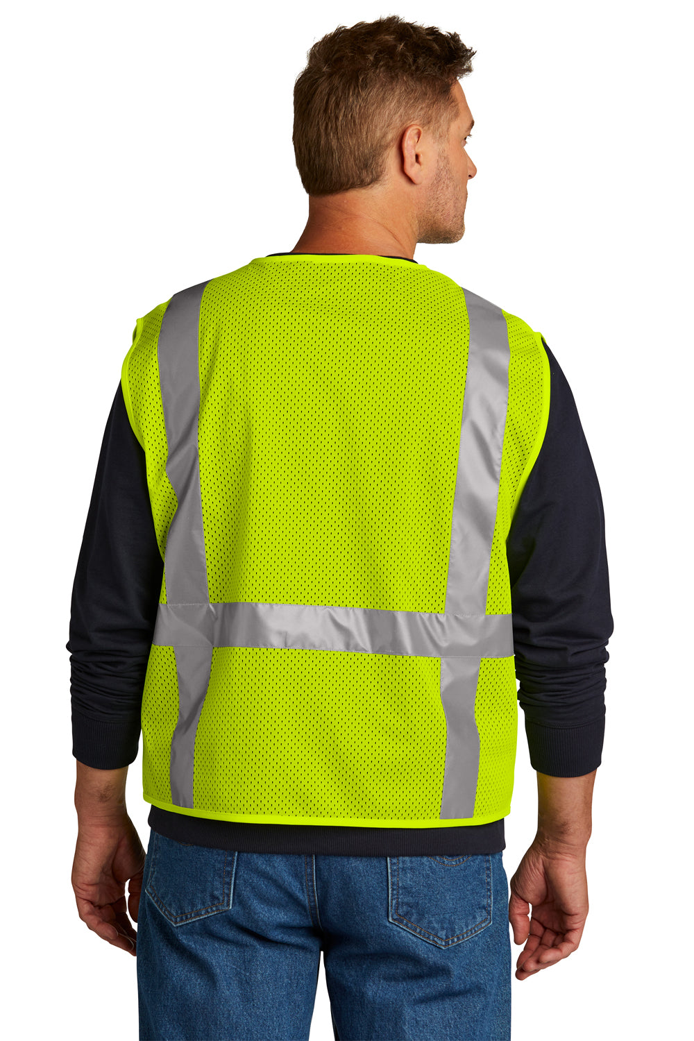 CornerStone CSV104 Mens ANSI 107 Class 2 Mesh Zipper Vest w/ Pocket Safety Yellow Model Back