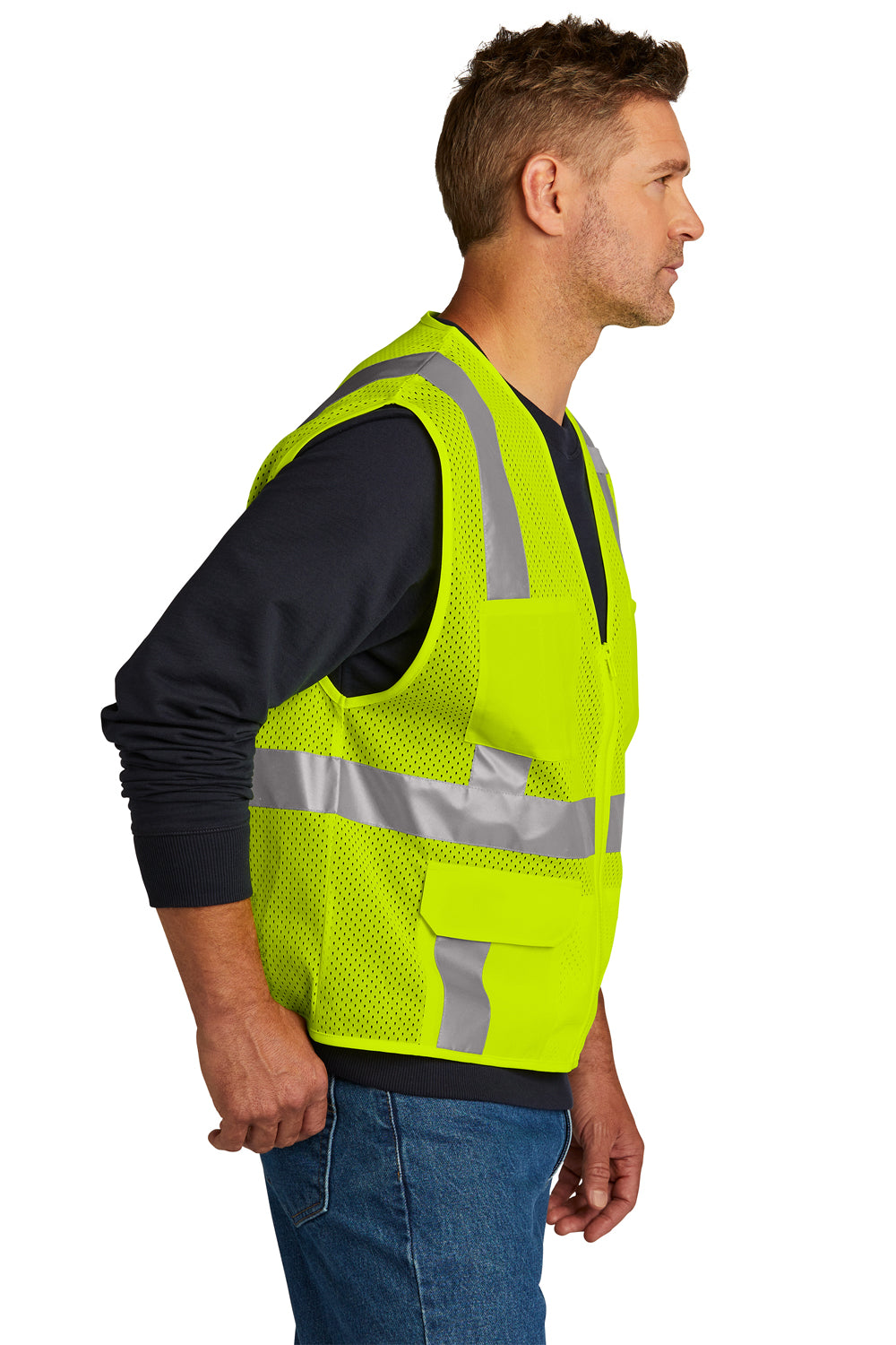 CornerStone CSV104 Mens ANSI 107 Class 2 Mesh Zipper Vest w/ Pocket Safety Yellow Model Side