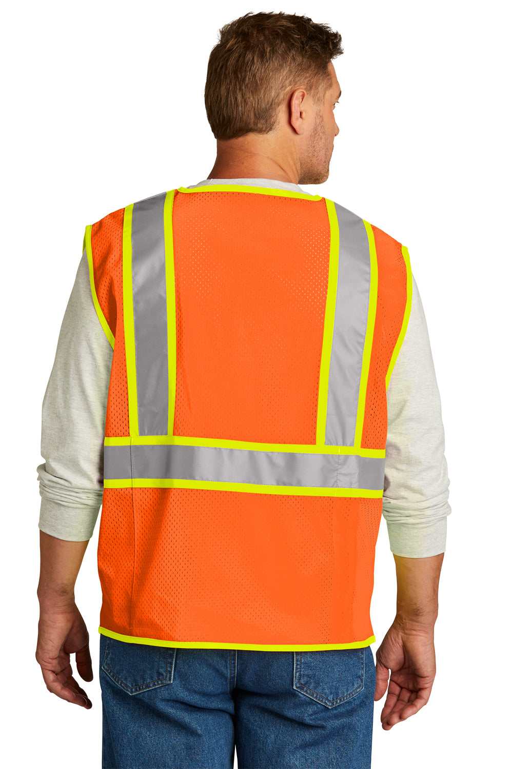 CornerStone CSV105 Mens ANSI 107 Class 2 Surveyor Zipper Vest w/ Pocket Safety Orange Model Back