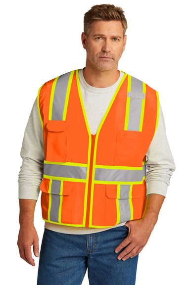 CornerStone CSV105 Mens ANSI 107 Class 2 Surveyor Zipper Vest w/ Pocket Safety Orange Model Front