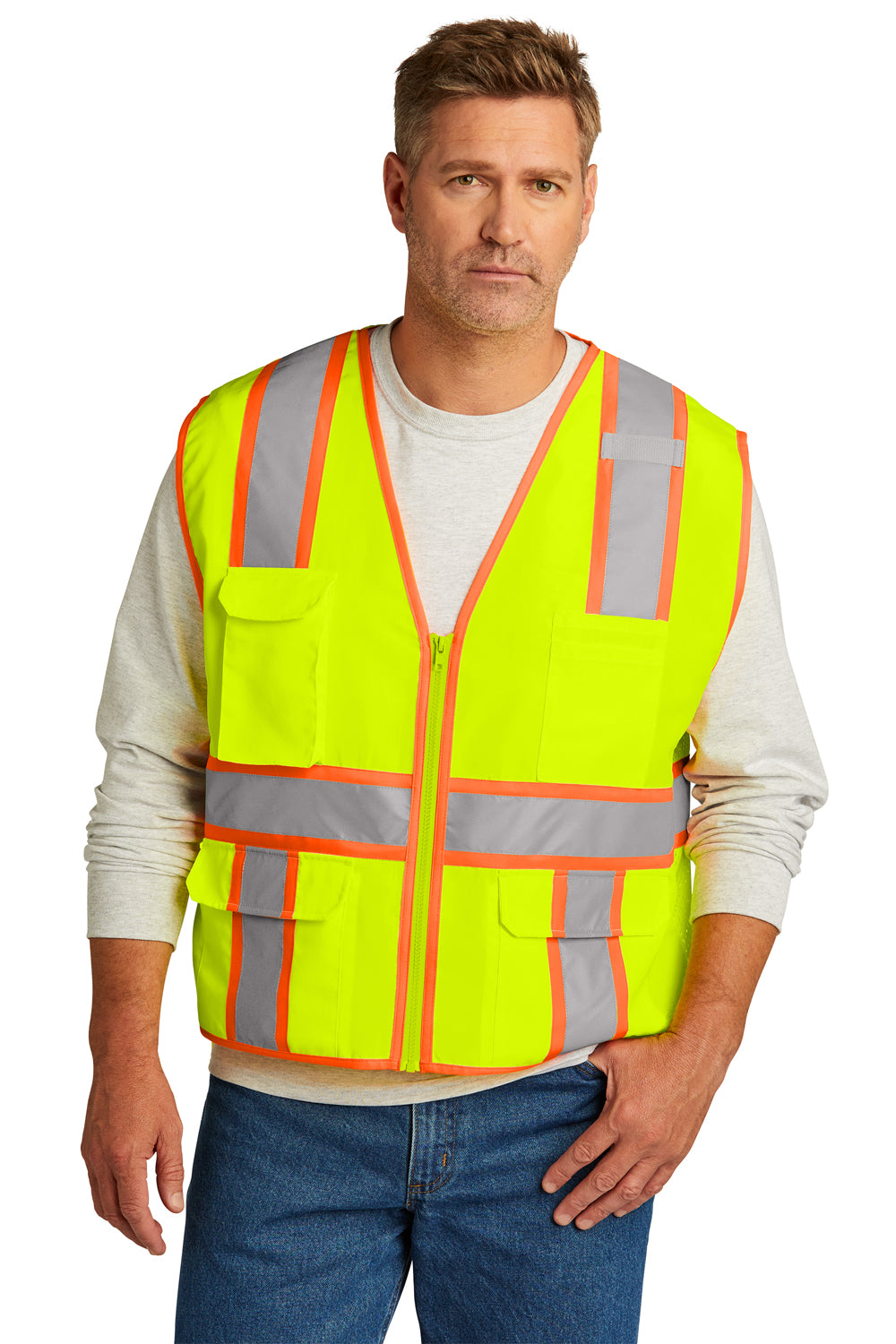 CornerStone CSV105 Mens ANSI 107 Class 2 Surveyor Zipper Vest w/ Pocket Safety Yellow Model Front