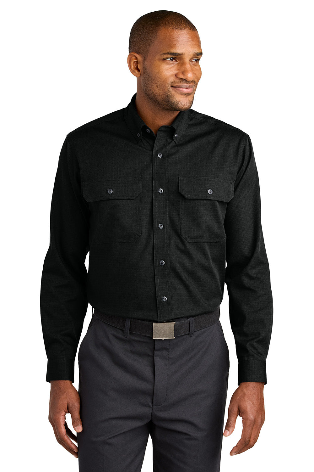 CornerStone CSW174 Mens Select Ripstop Long Sleeve Button Down Shirt Black Model Front