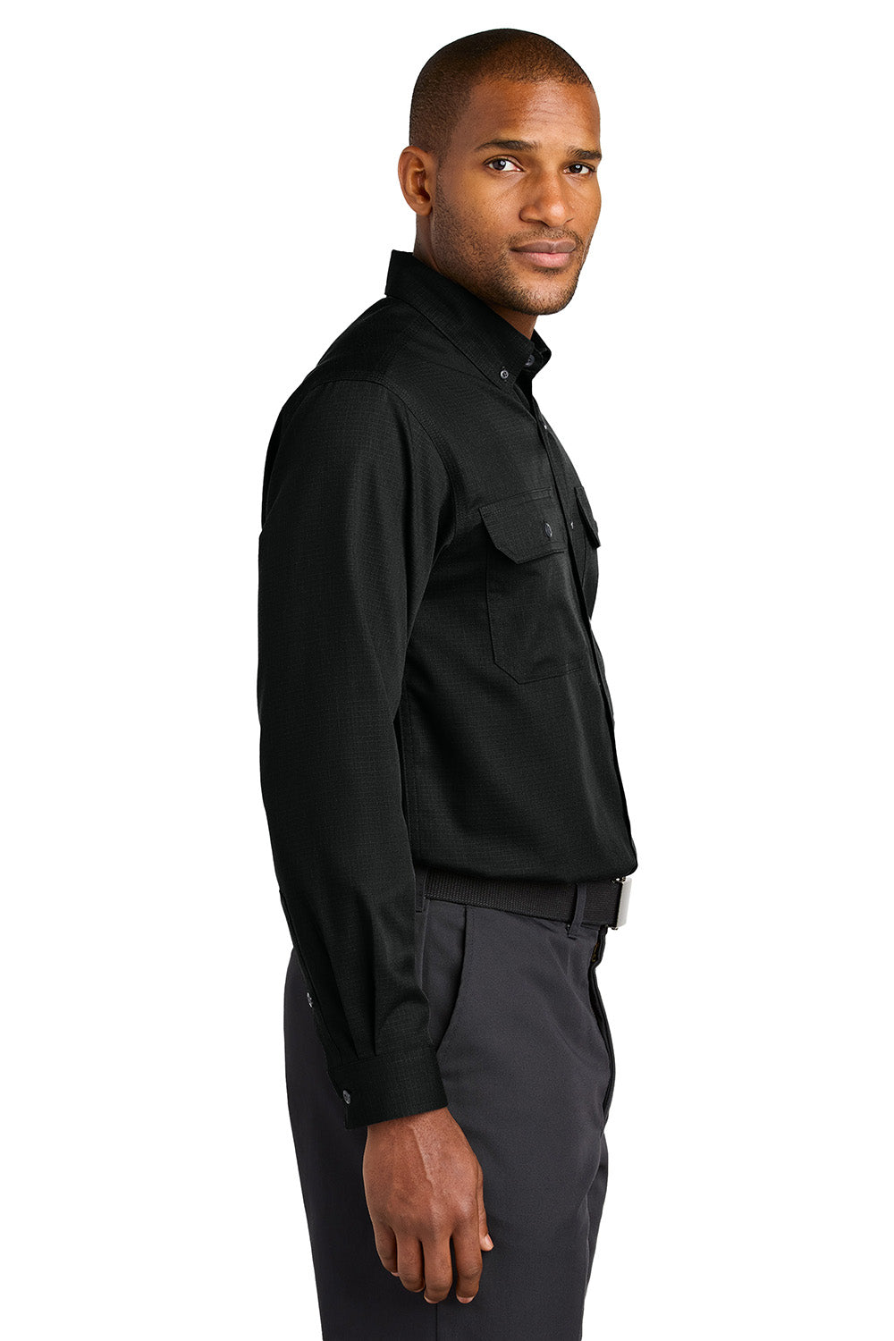 CornerStone CSW174 Mens Select Ripstop Long Sleeve Button Down Shirt Black Model Side