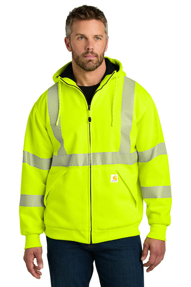 Carhartt CT104988 Mens ANSI 107 Class 3 Lined Full Zip Hooded Sweatshirt Hoodie Bright Lime Green Model Front