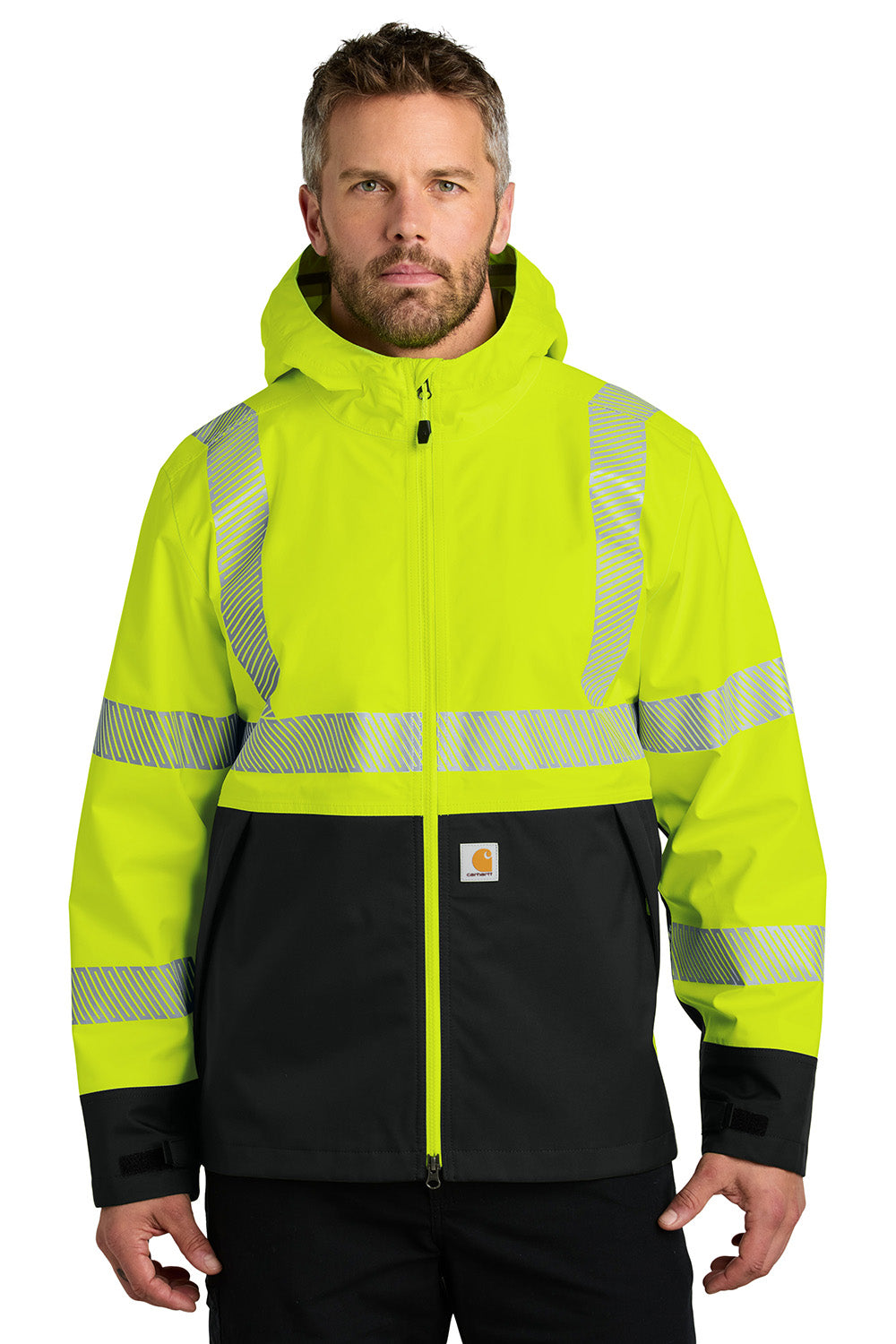 Carhartt CT106693 Mens ANSI 107 Class 3 Storm Defender Full Zip Hooded Jacket Bright Lime Green Model Front