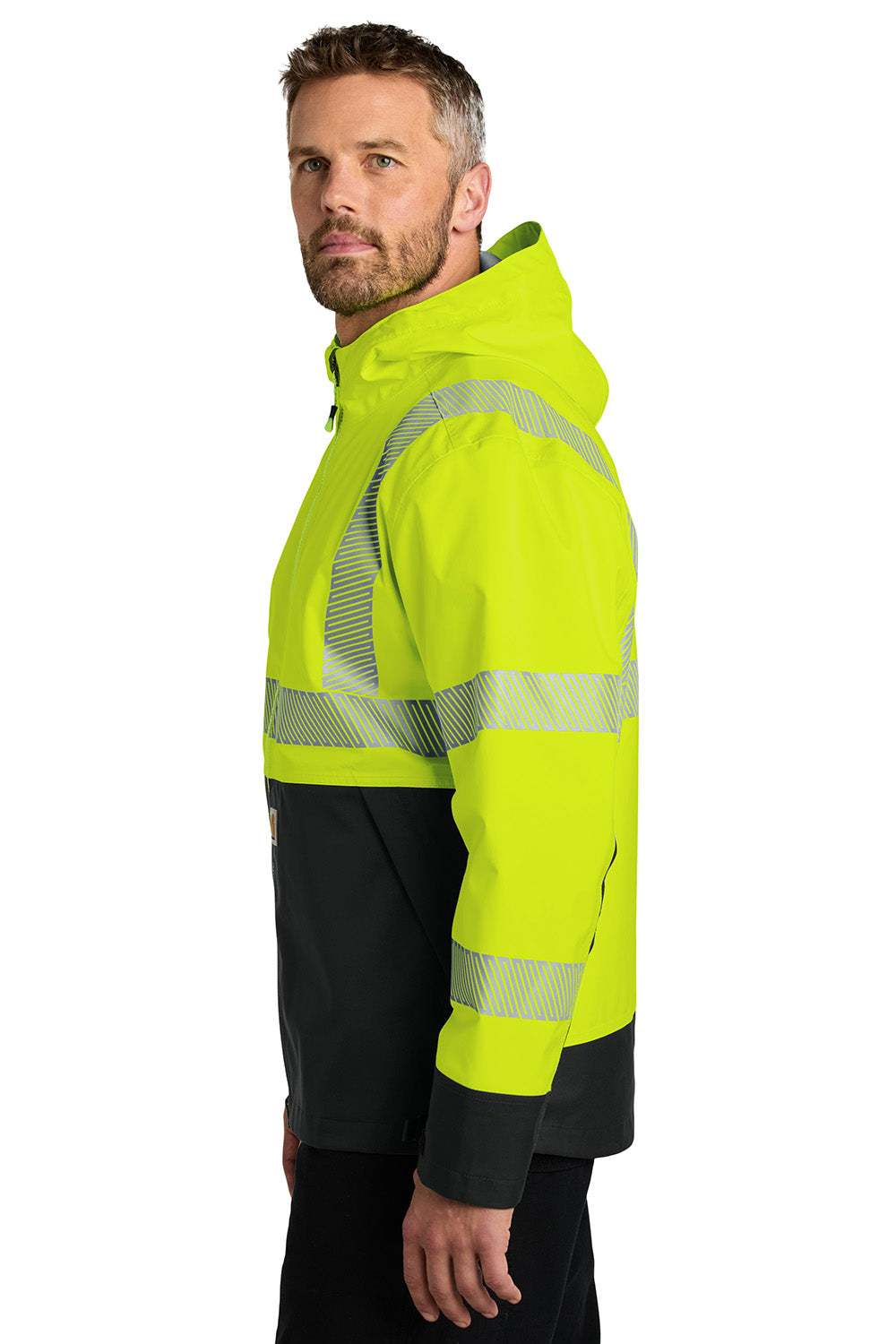 Carhartt CT106693 Mens ANSI 107 Class 3 Storm Defender Full Zip Hooded Jacket Bright Lime Green Model Side