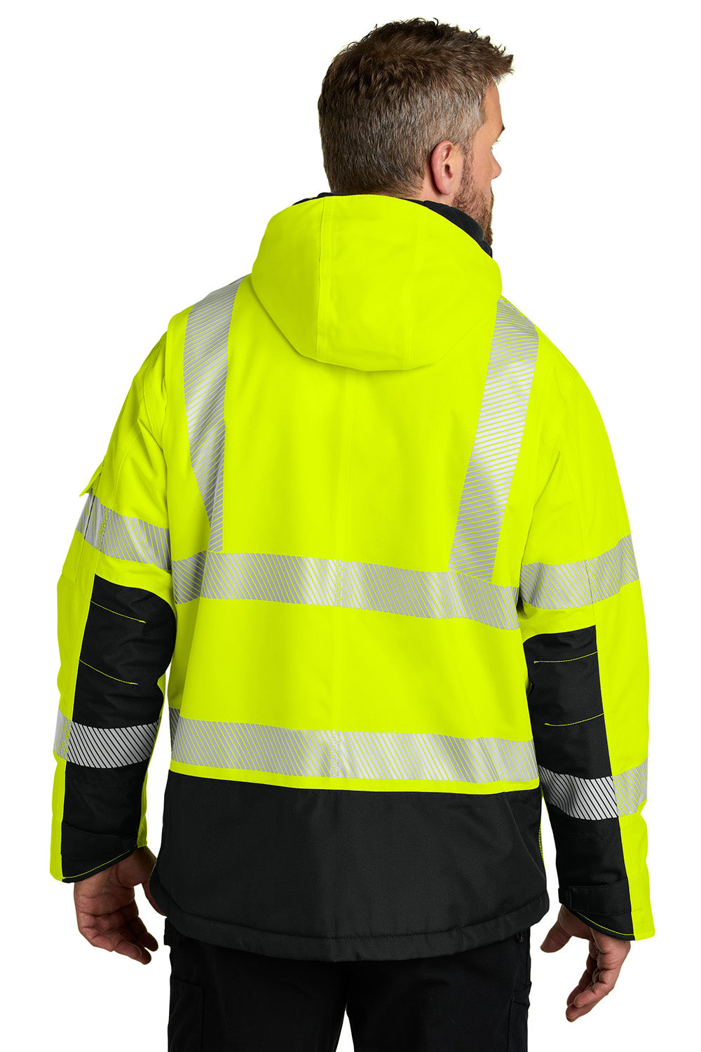 Carhartt CT106694 Mens ANSI 107 Class 3 Waterproof Heavyweight Insulated Full Zip Hooded Jacket Bright Lime Green Model Back