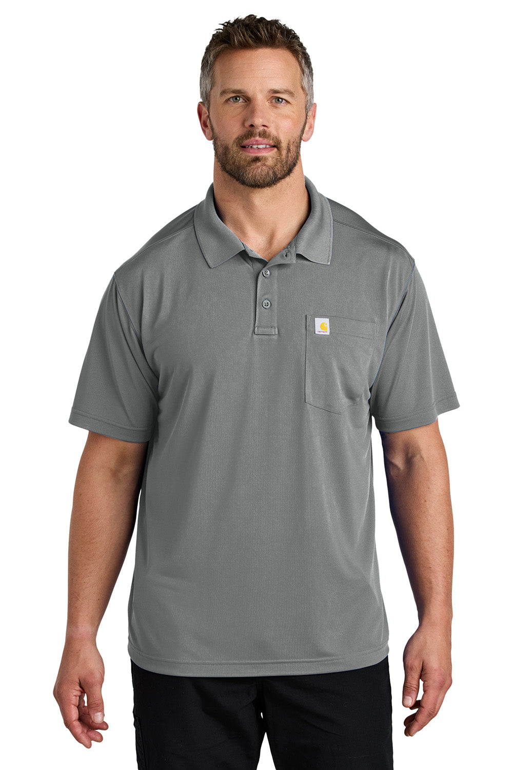 Carhartt CT106880 Mens Moisture Wicking Short Sleeve Polo Shirt w/ Pocket Asphalt Grey Model Front