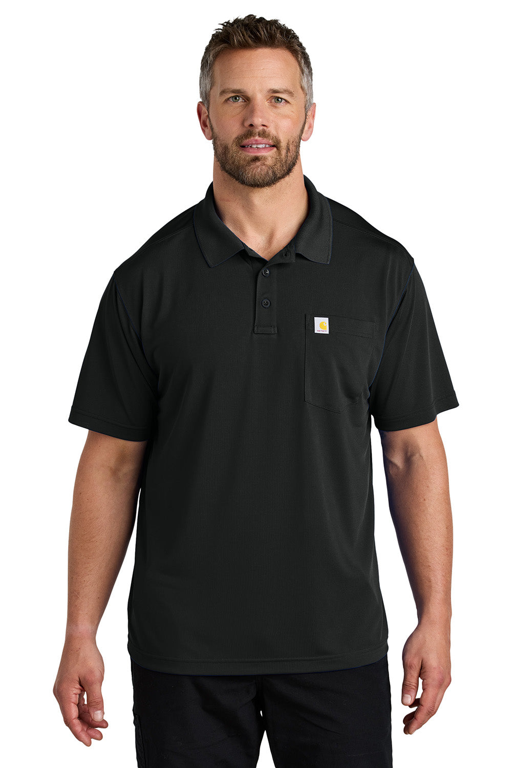 Carhartt CT106880 Mens Moisture Wicking Short Sleeve Polo Shirt w/ Pocket Black Model Front