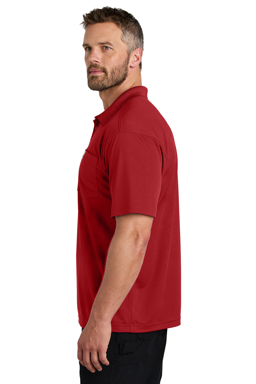 Carhartt CT106880 Mens Moisture Wicking Short Sleeve Polo Shirt w/ Pocket Crimson Red Model Side