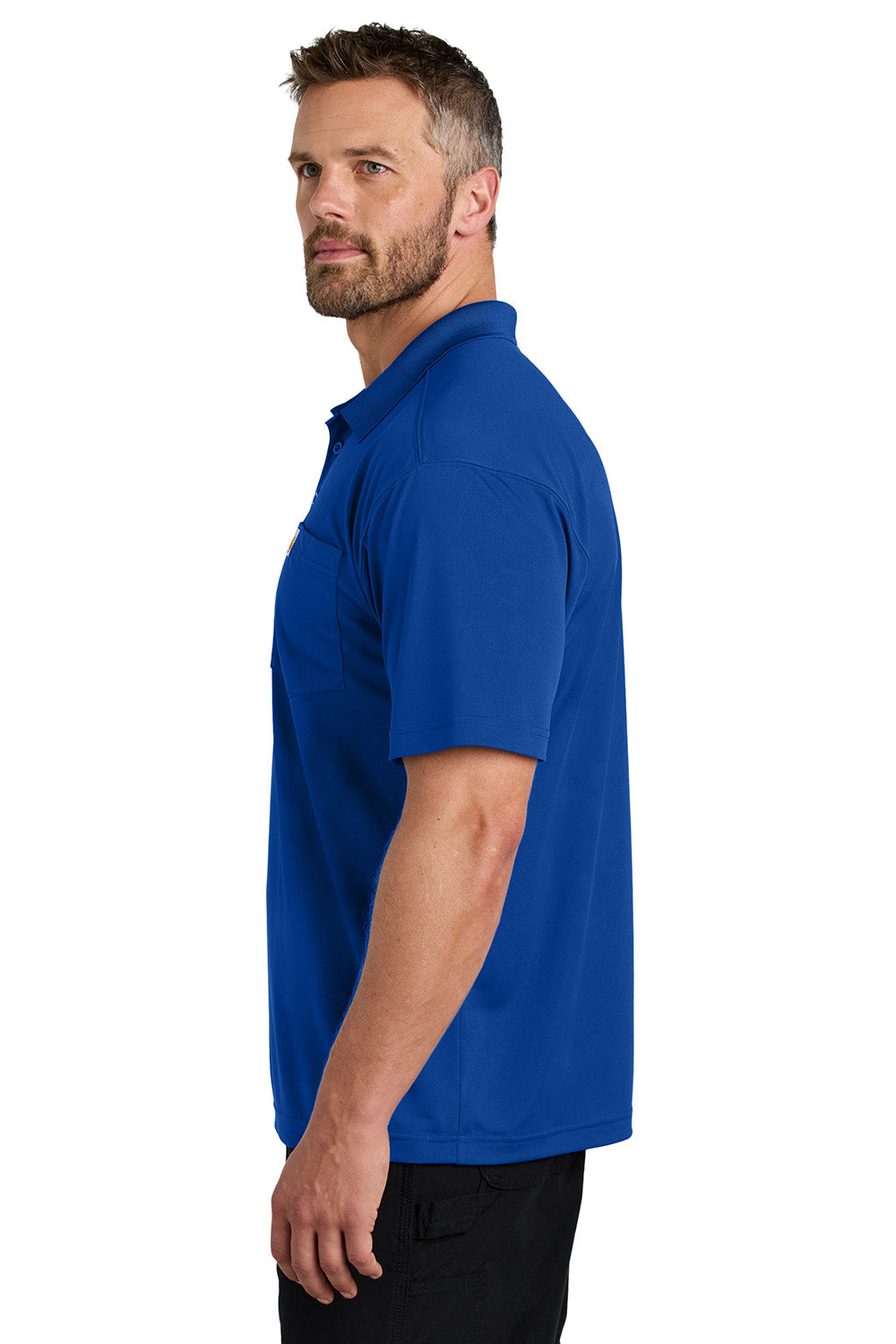 Carhartt CT106880 Mens Moisture Wicking Short Sleeve Polo Shirt w/ Pocket Royal Glass Blue Model Side