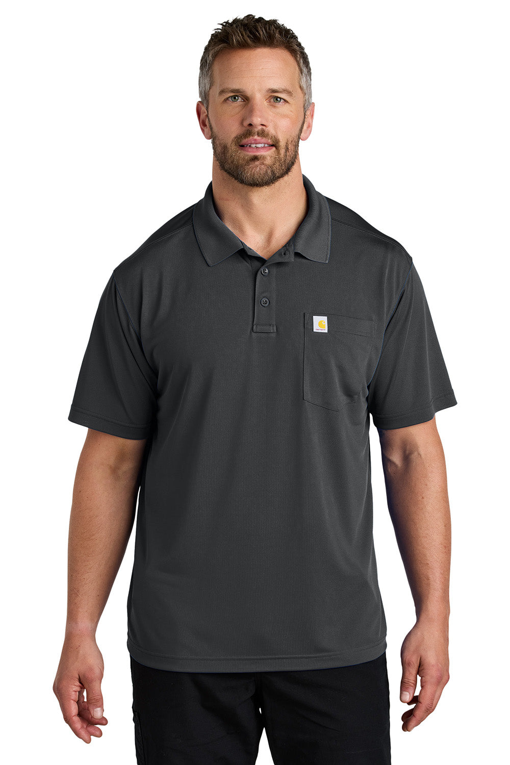 Carhartt CT106880 Mens Moisture Wicking Short Sleeve Polo Shirt w/ Pocket Shadow Grey Model Front