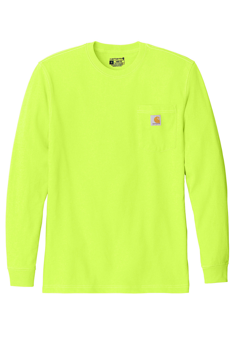 Carhartt CTK126 Mens Workwear Long Sleeve Crewneck T-Shirt w/ Pocket Bright Lime Green Flat Front