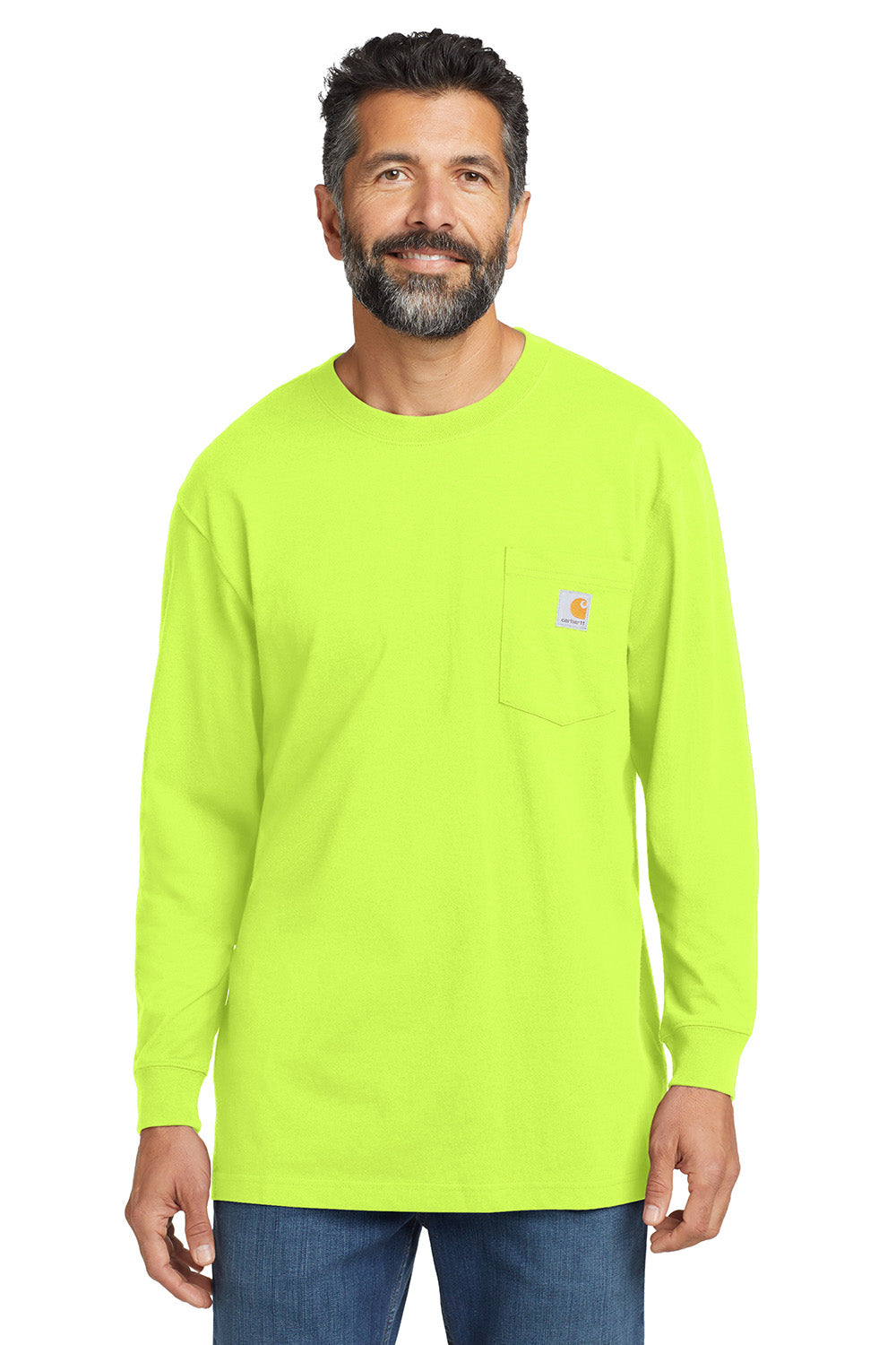 Carhartt CTK126 Mens Workwear Long Sleeve Crewneck T-Shirt w/ Pocket Bright Lime Green Model Front