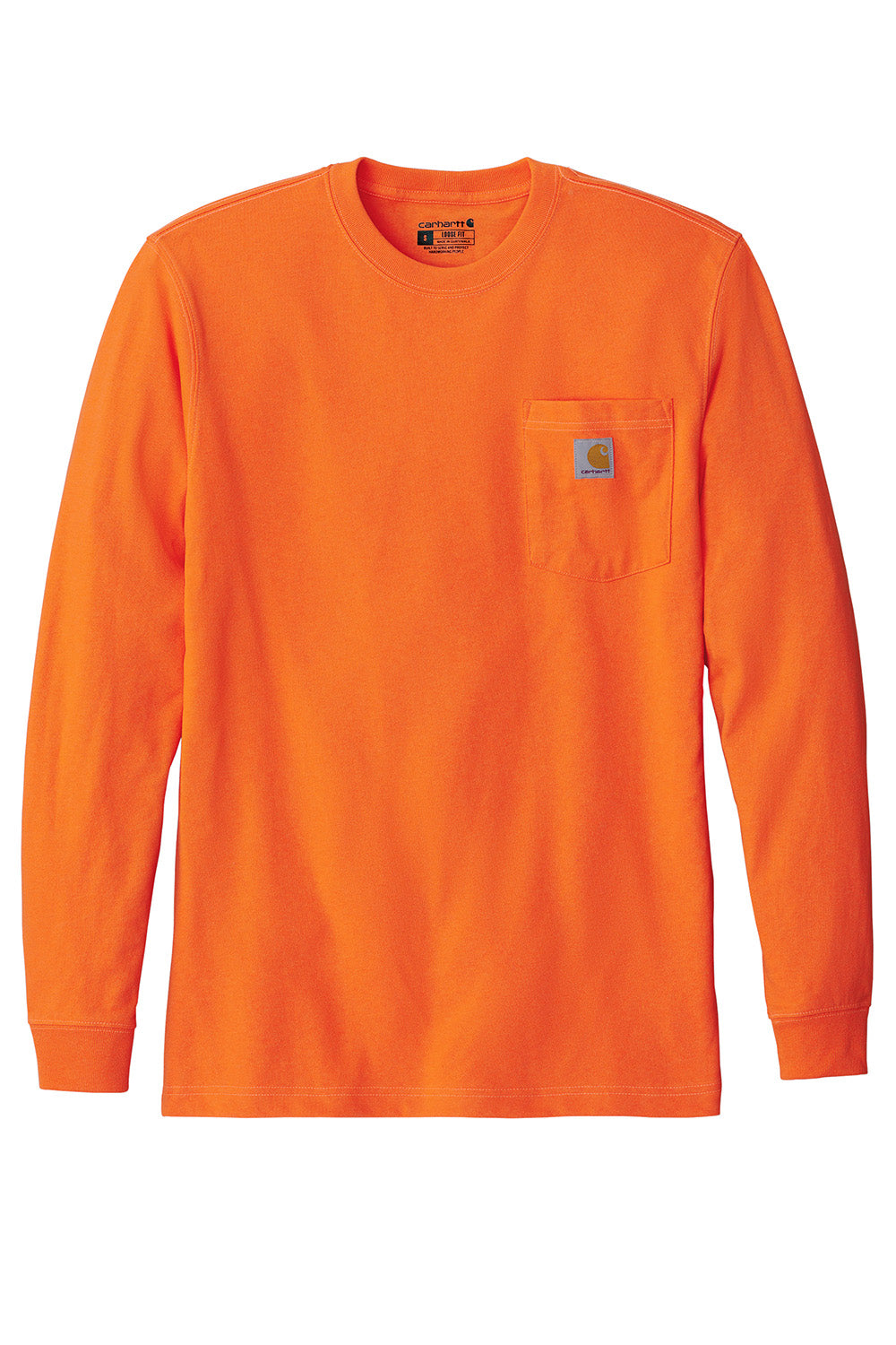 Carhartt CTK126 Mens Workwear Long Sleeve Crewneck T-Shirt w/ Pocket Bright Orange Flat Front