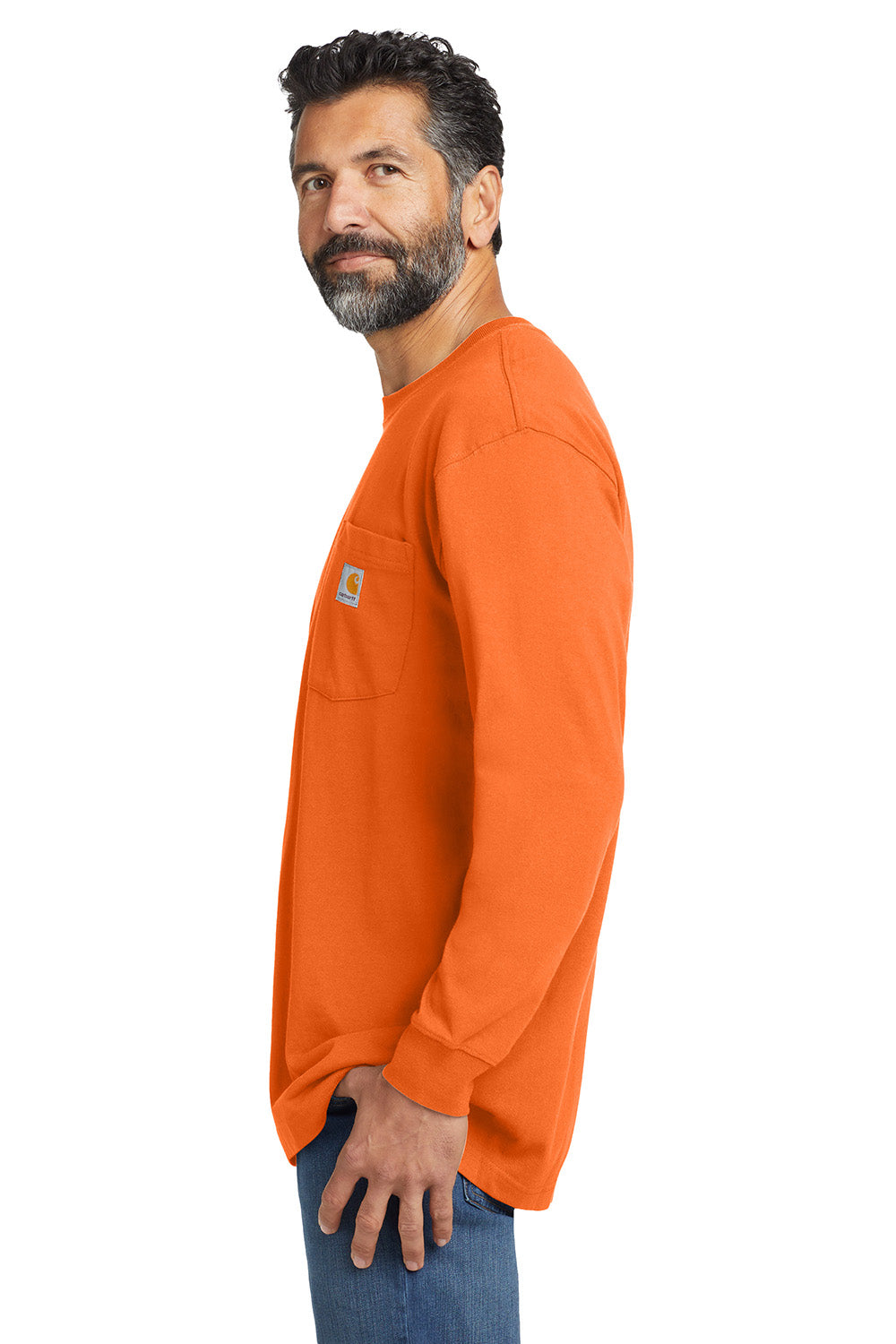 Carhartt CTK126 Mens Workwear Long Sleeve Crewneck T-Shirt w/ Pocket Bright Orange Model Side