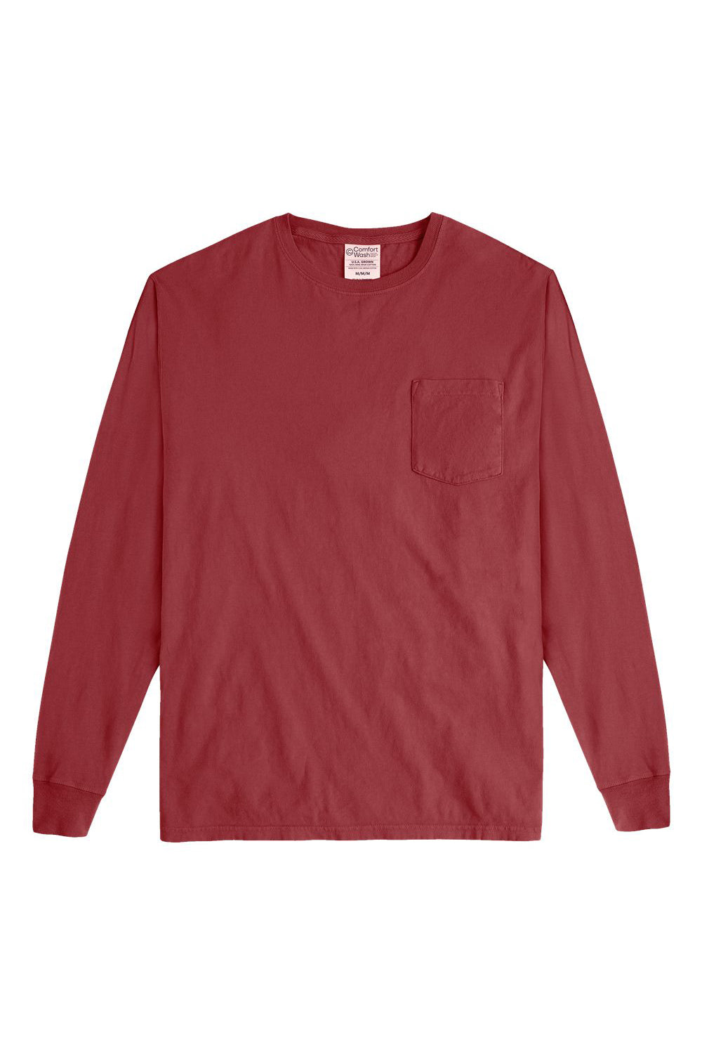 ComfortWash By Hanes GDH250 Mens Long Sleeve Crewneck T-Shirt w/ Pocket Cayenne Red Flat Front