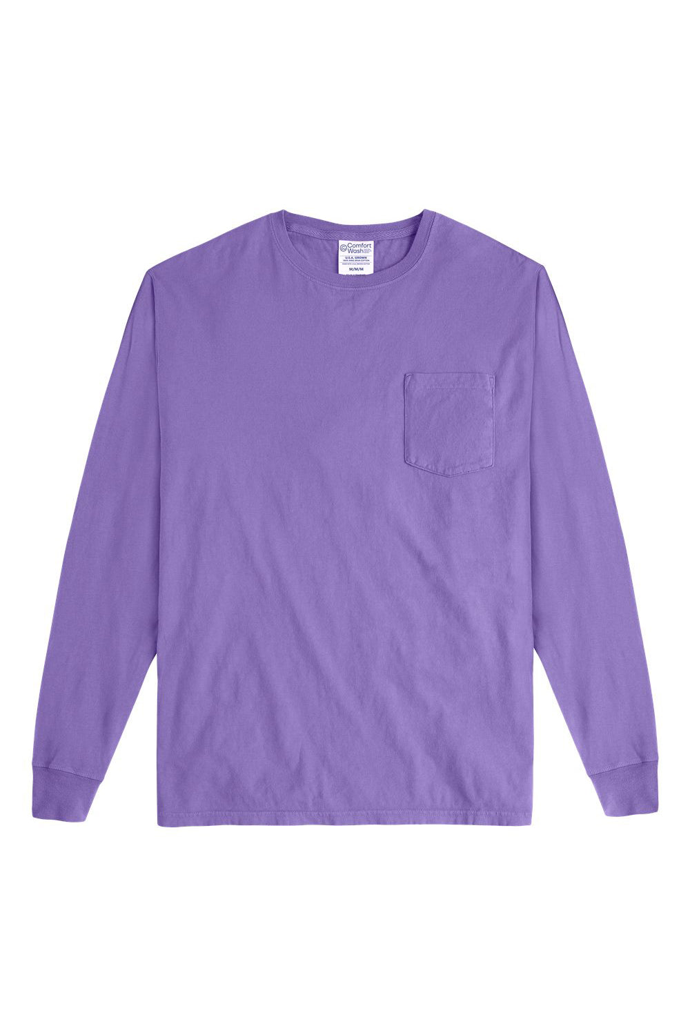 ComfortWash By Hanes GDH250 Mens Long Sleeve Crewneck T-Shirt w/ Pocket Lavender Purple Flat Front