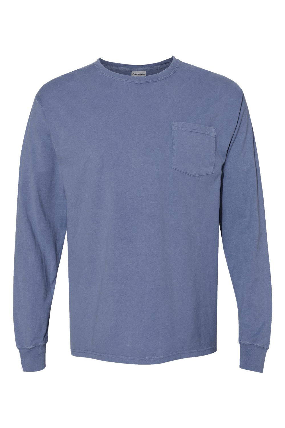 ComfortWash By Hanes GDH250 Mens Long Sleeve Crewneck T-Shirt w/ Pocket Saltwater Blue Flat Front