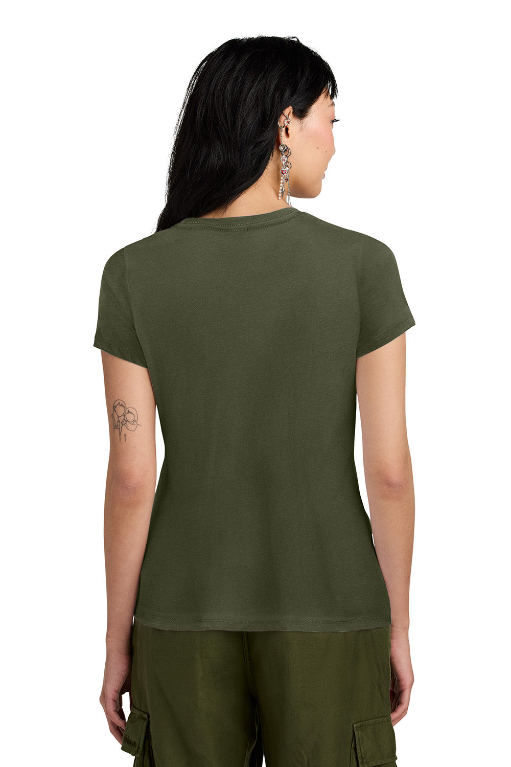 District DM104L Womens Perfect Weight Short Sleeve Crewneck T-Shirt Military Green Model Back