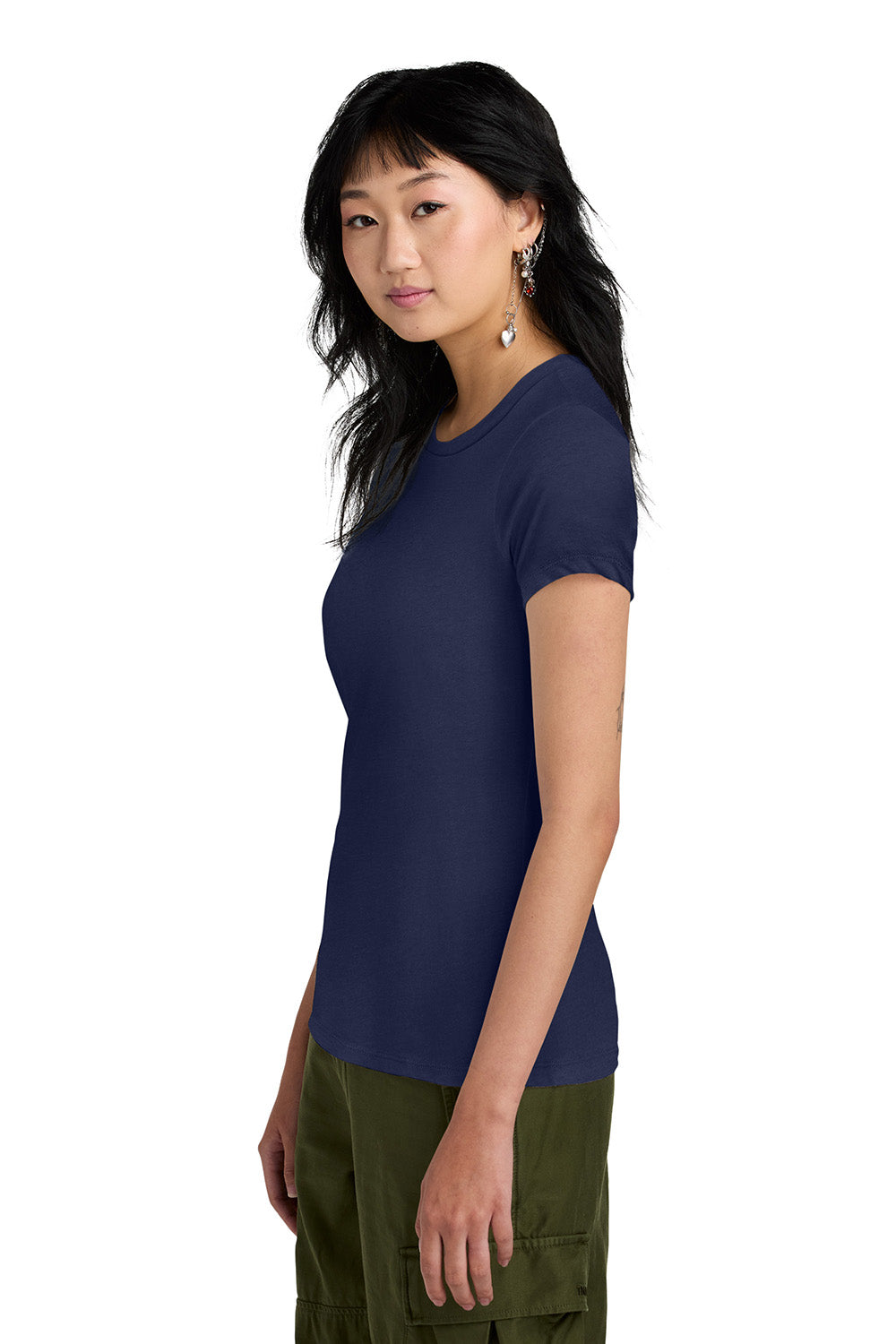 District DM104L Womens Perfect Weight Short Sleeve Crewneck T-Shirt Tanzanite Blue Model Side