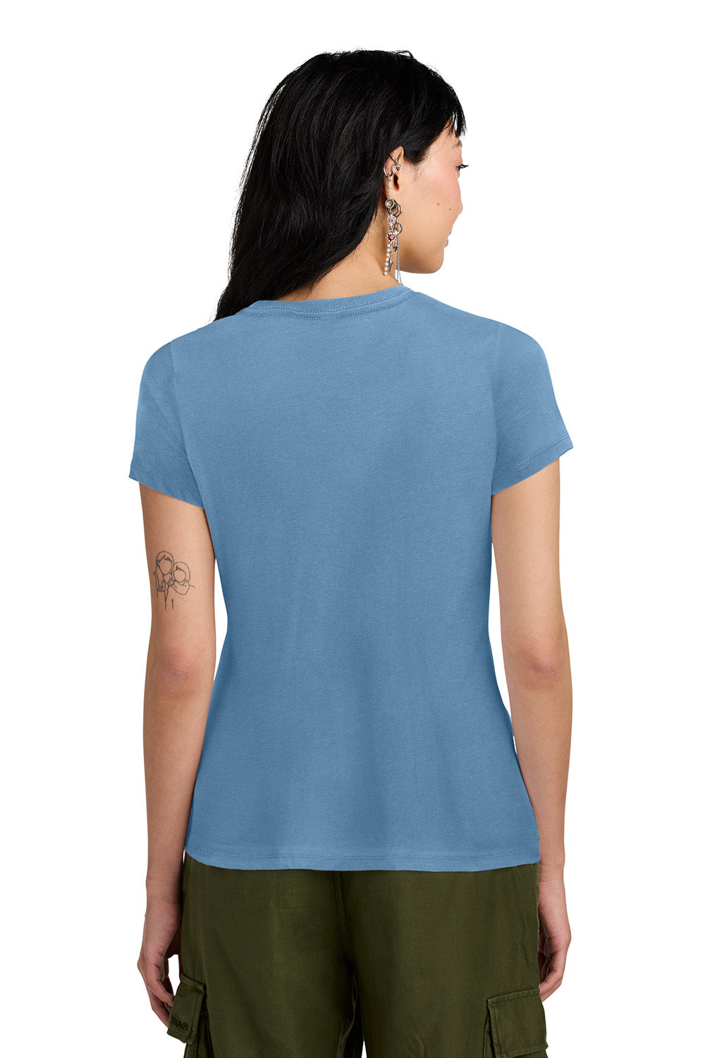 District DM104L Womens Perfect Weight Short Sleeve Crewneck T-Shirt Tundra Blue Model Back