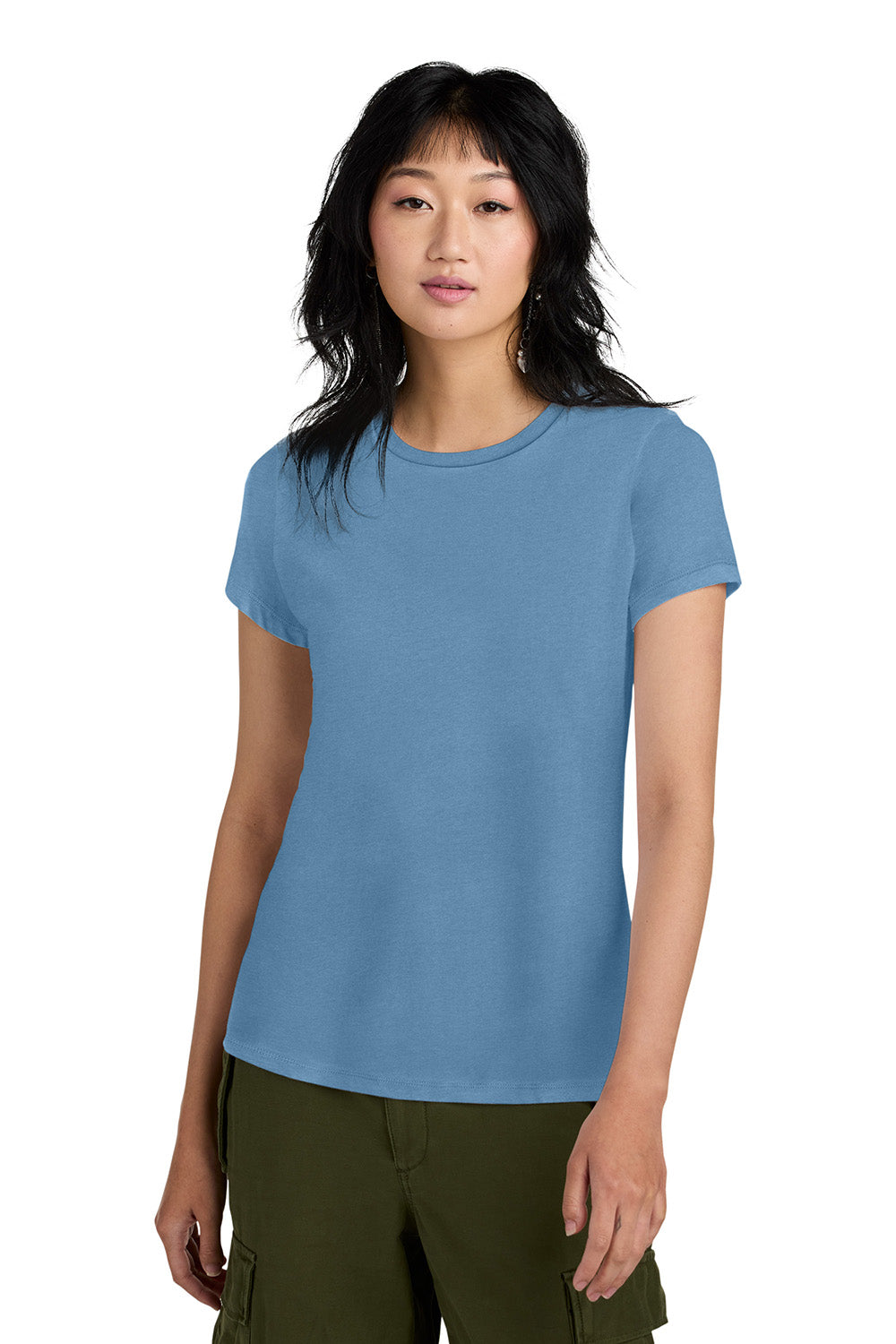 District DM104L Womens Perfect Weight Short Sleeve Crewneck T-Shirt Tundra Blue Model Front