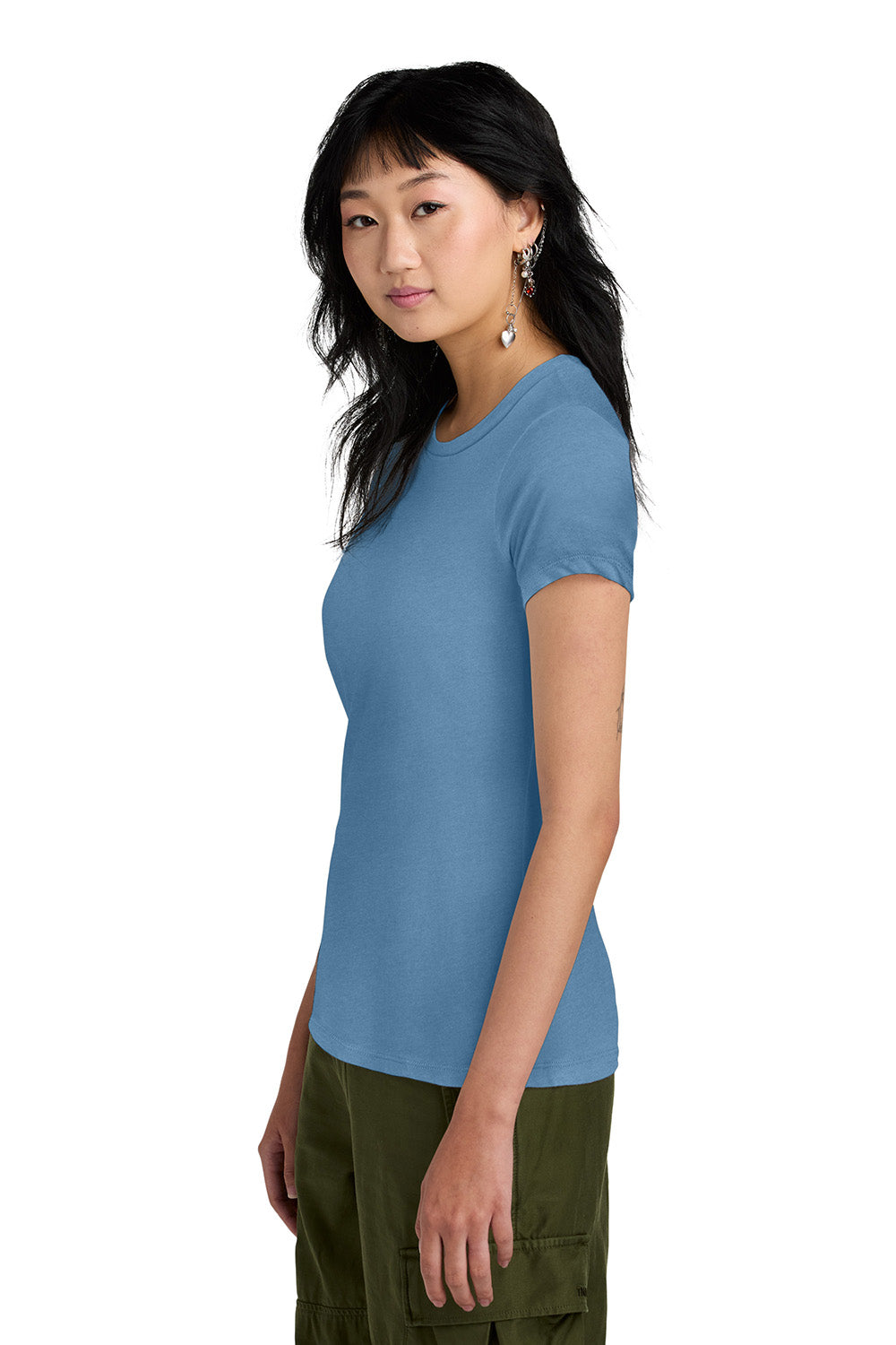 District DM104L Womens Perfect Weight Short Sleeve Crewneck T-Shirt Tundra Blue Model Side