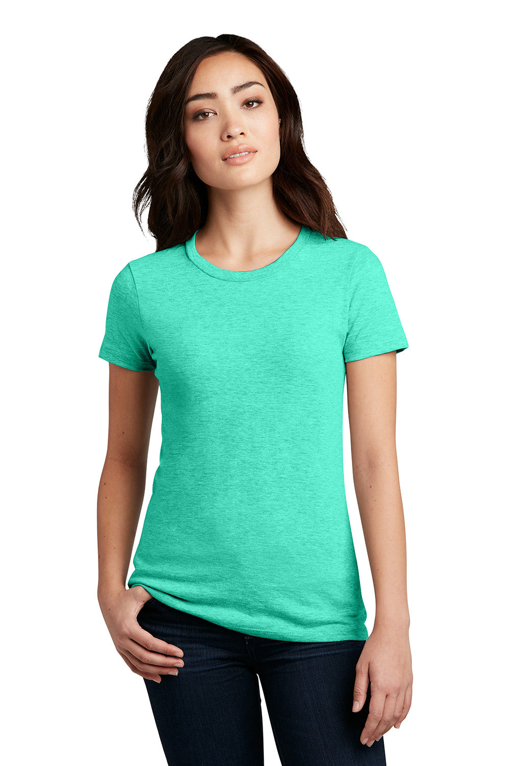 District DM108L Womens Perfect Blend Short Sleeve Crewneck T-Shirt Heather Aqua Green Model Front