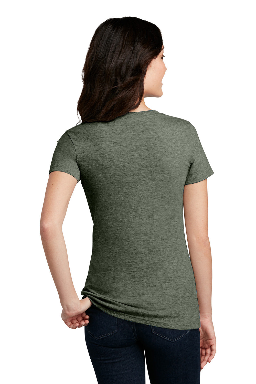 District DM108L Womens Perfect Blend Short Sleeve Crewneck T-Shirt Heather Olive Green Model Back