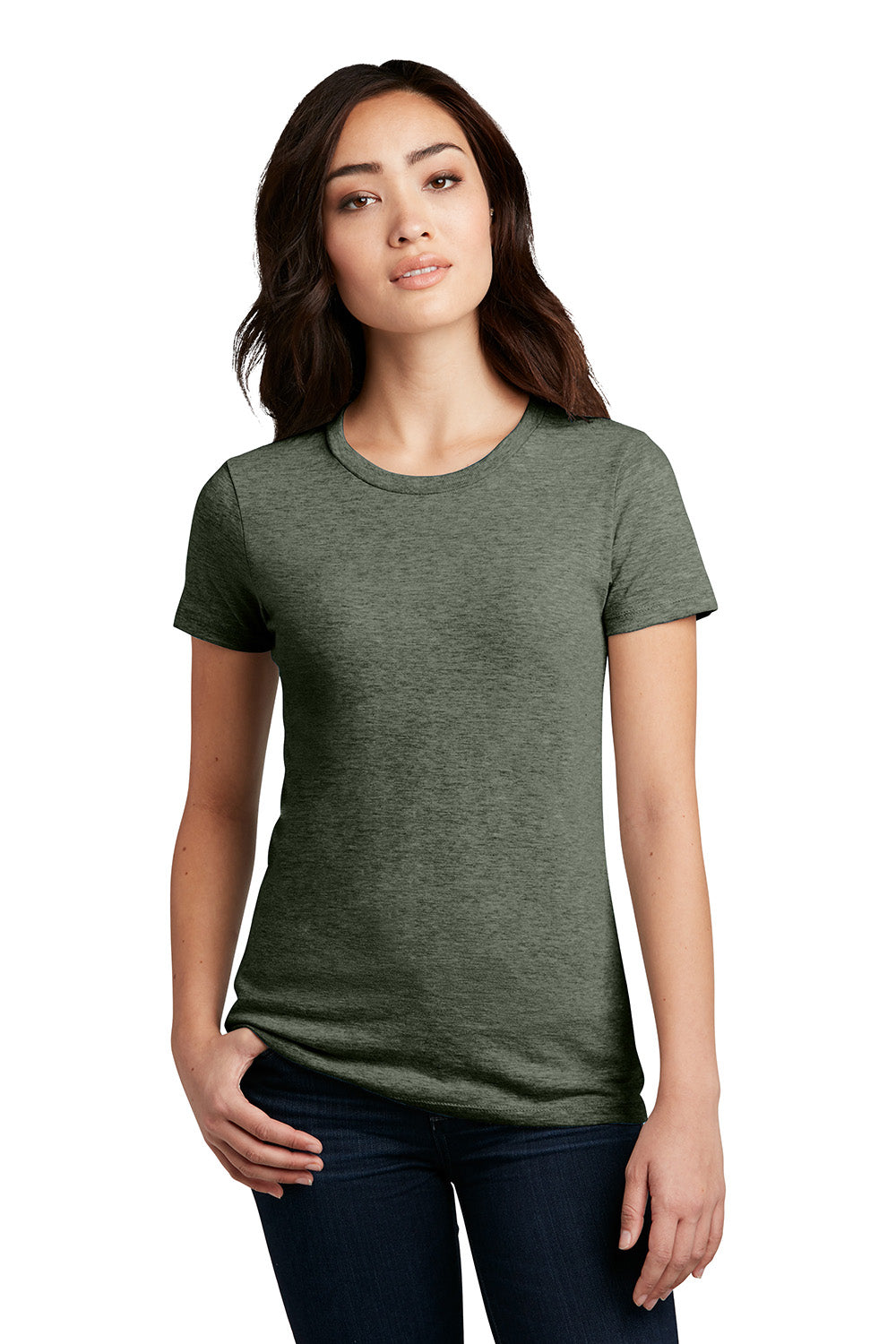 District DM108L Womens Perfect Blend Short Sleeve Crewneck T-Shirt Heather Olive Green Model Front